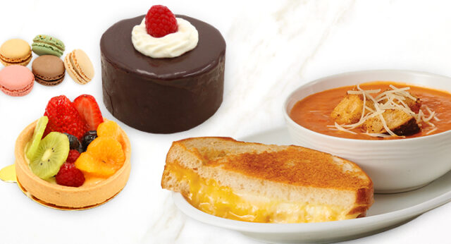 Pastries, Grilled Cheese & Soup on Marble Surface